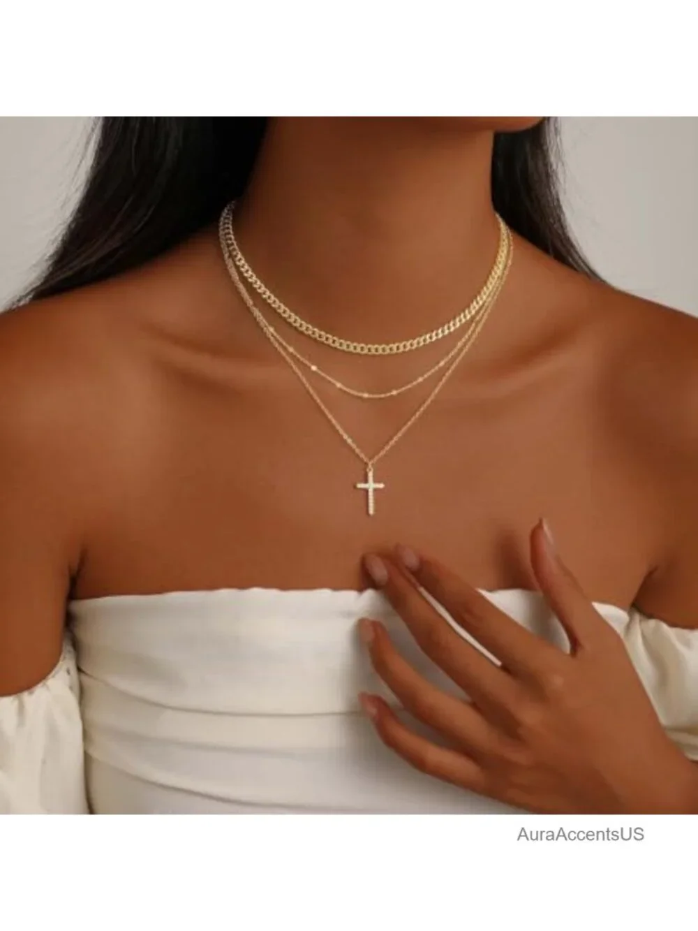 Layered Gold Plated Necklace Set with Cross Pendant